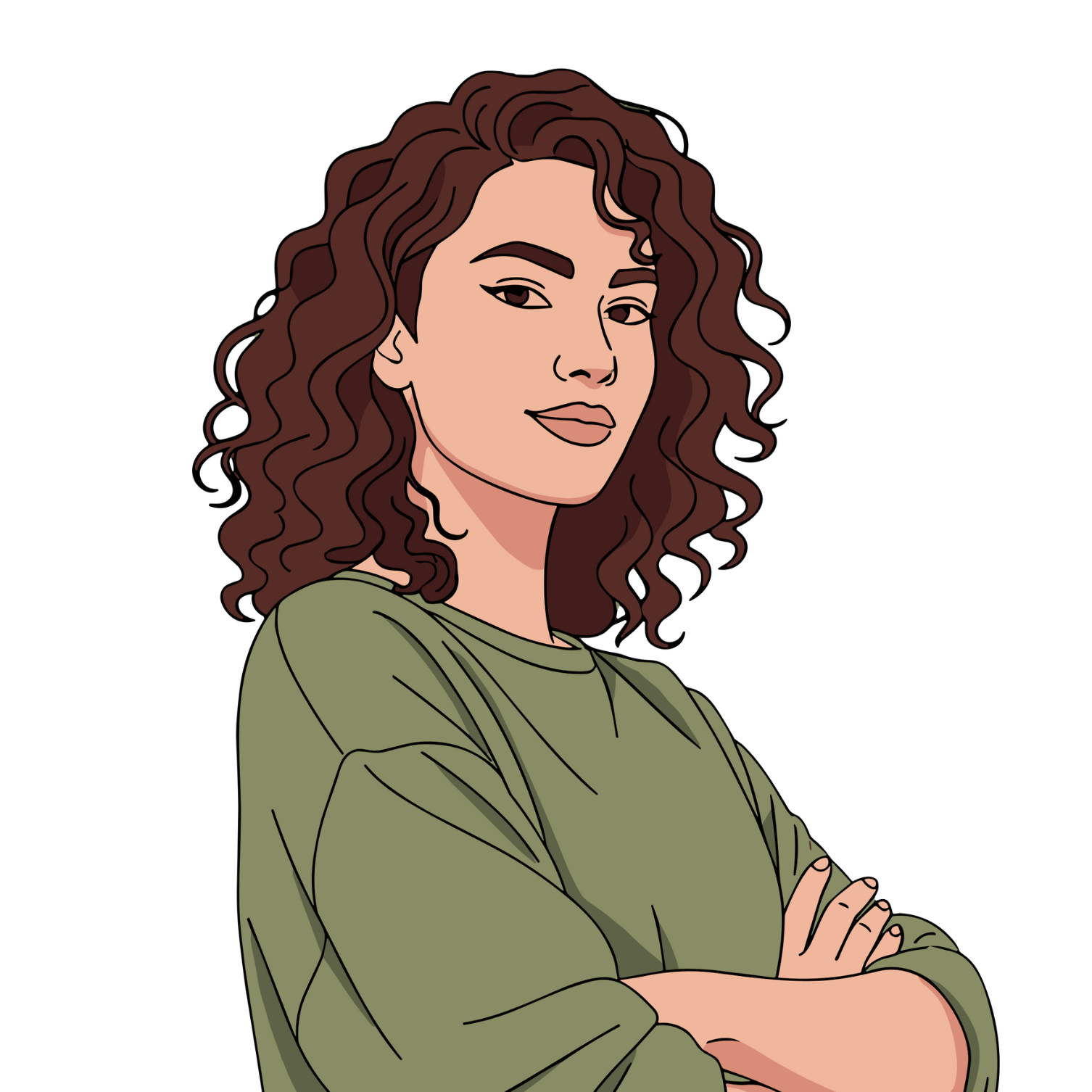 Illustration of a person with curly hair wearing a green dress on a white background